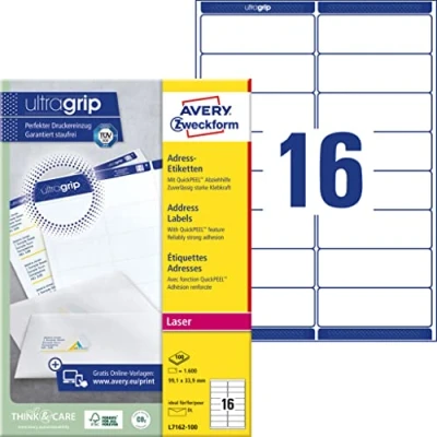 Afbeelding van AVERY Zweckform L7162 100 Adreslabels/adreslabelstickers (1.600 etiketten met ultragrip, 99,1x33,9 mm op A4, bedrukbaar, zelfklevend, voor DIN lange enveloppen, papier mat) vellen, wit