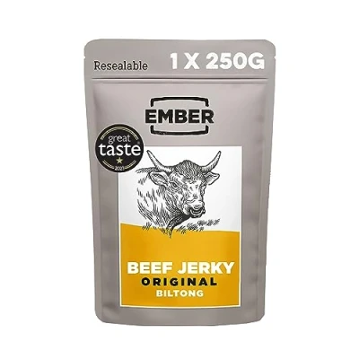 Afbeelding van Ember Snacks Biltong snack (1 x 250 g origineel) gemaakt van Brits en Iers rundvlees, hoog eiwitgehalte, verpakking kan variëren