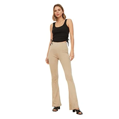 Afbeelding van Trendyol Zwarte Geribbelde Gebreide Broek Met Hoge Taille En Elastische Flare/Flare Front Twoss20Pl0342
