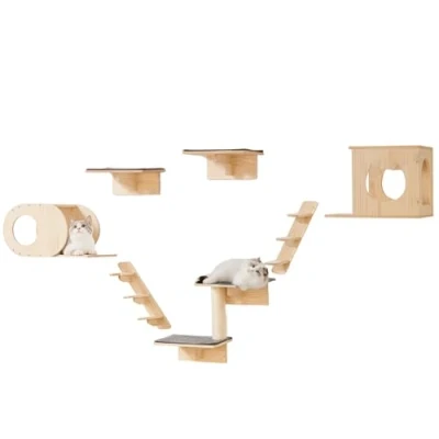 Afbeelding van VEVOR Wandrek voor katten, kattenwandplanken en zitstokken met springplanken, kattenbedden, hangmatten kattenboom, kattenmeubels planken tot 40 pond om te slapen, spelen, klimmen, set van 7