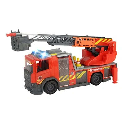 Afbeelding van Dickie Toys 203716017 Scania draailadder brandweer, waterspuitfunctie, rozenbouwer, licht &amp; geluid, incl. batterijen, met uittrekbare poten, 25 cm, rood