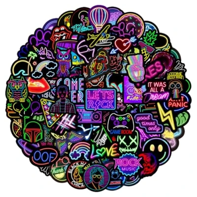 Afbeelding van Marsforce Neon graffitistickers, verpakking van 100 stuks, waterdichte vinylstickers, decals voor laptop, waterflessen, skateboard, bagage, auto, motorfiets, fiets, gitaar, PS4, koffer, scrapbook, telefoonpad