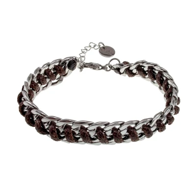 Afbeelding van 17cm tot 20cm Armband Dames Donkerbruine Gepolijst RVS Cubaanse Schakelsarmband Donkerbruin Koord Verstelbaar
