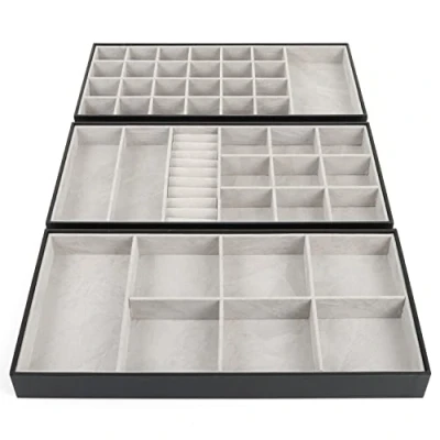 Afbeelding van Belle Vous 3 Pak Zwarte Faux Lederen Stapelbare Sieraden Organizer Opslag Rekken 18 x 36 3,6 cm Kastlade Display Dozen voor Ringen, Armbanden &amp; Oorbellen