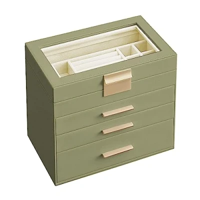 Afbeelding van SONGMICS JBC161C02 Sieradendoos, sieradendoos met 4 niveaus, glazen deksel, 3 laden, voor zonnebrillen, grote sieraden, sieradenopslag, modern, lauriergroen goud