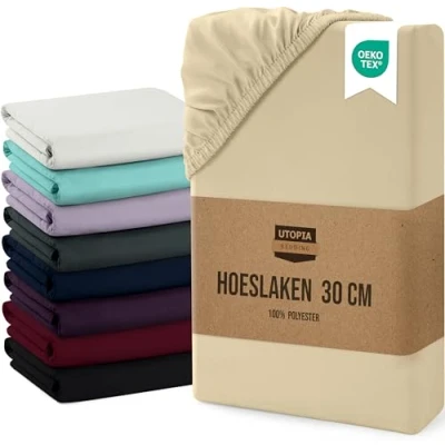 Afbeelding van Utopia Bedding Hoeslaken 90x200 tot 30 cm Matrashoogte, Beige Eenvoudig onderhoud Zachte Geborstelde Microvezel Stof Krimp en Vervaagt Bestendig