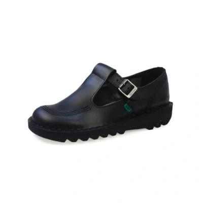 Afbeelding van Kickers Dames Kick T Bar zwart lederen schoolschoenen, Zwart, 37 EU