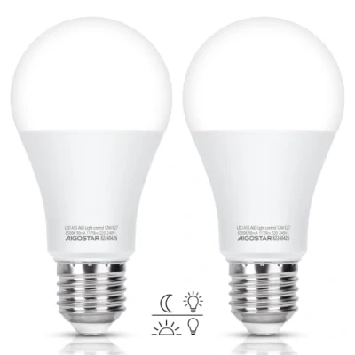 Afbeelding van Aigostar Gloeilamp met Schemersensor, Lamp LED E27 A60 12W Equivalent aan 81W, Wit Licht 6500K, 1170 Lm, Zonsopgang tot Zonsondergang Auto Aan/Uit, Niet Dimbaar, 2 Stuks