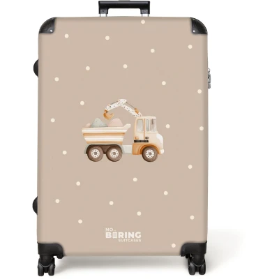 Afbeelding van NoBoringSuitcases.com® Koffer groot Reiskoffer lichtgewicht Gele kiepwagen met stenen en stippenpatroon Rolkoffer 4 wielen Grote trolley XL 98 liter bagage