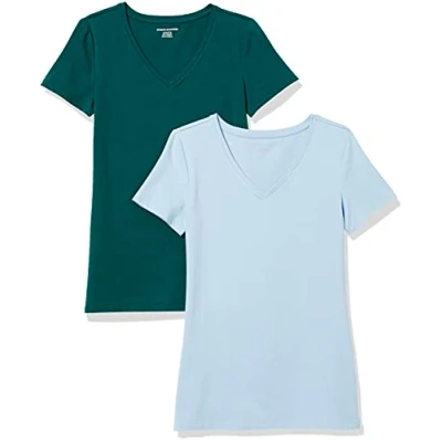 Afbeelding van Amazon Essentials Women&#039;s T shirt met korte mouwen en V hals in klassieke pasvorm, Pack of 2, Donkergroen/Poederblauw, XL