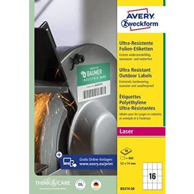 Afbeelding van AVERY Zweckform B5274 50 duurzame folie etiketten (800 stickers, 52 x 74 mm op A4, extreem sterk zelfklevend, voor moeilijke oppervlakken, bedrukbare outdoor kleeffolie) vellen, wit