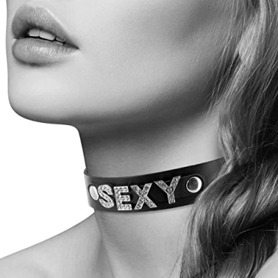 Afbeelding van Bijoux Pour Toi Halsketting van zwart leer met strassteentjes, maat S/M