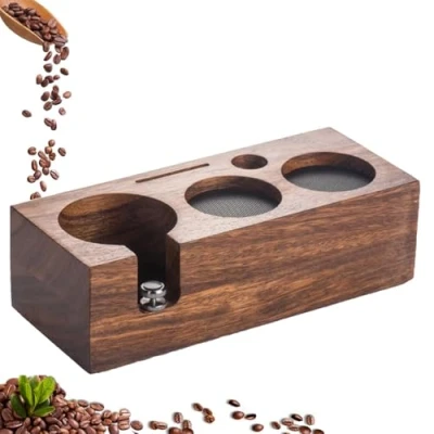 Afbeelding van Beler tamperstation hout 58 mm, van walnoothout voor zeefdrager barista espresso station accessoires met siliconen kussen (58 mm)