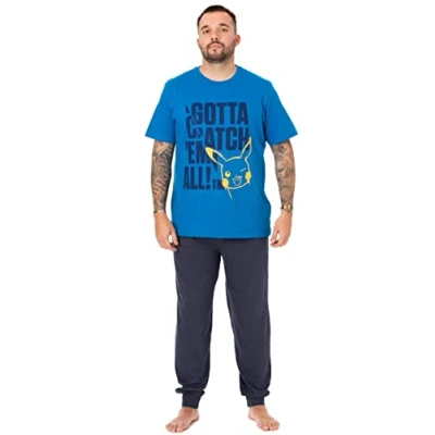 Afbeelding van Pokemon Pikachu pyjama voor heren Karakter Loungebroek en T Shirt Blauw PJ Set Ik moet ze allemaal vangen Nachtkleding Cadeaus hem Fan Merchandise