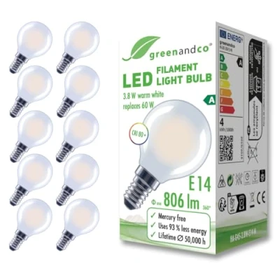 Afbeelding van greenandco 10 x matte led filamentlampen, E14, G45, 3,8 W, 806 lm, vervangt 60 2700 K, warmwit, 320 graden, 230 V, flikkervrij, energieklasse A, niet dimbaar