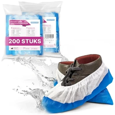Afbeelding van ARNOMED CPE+PP schoenovertrekken wegwerp, witte overschoenen met blauwe zool, 200 stuks overschoenen, schoenbeschermingsovertrek in één maat: 17x40cm, scheurvaste voor op de bouwplaats