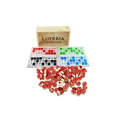 Afbeelding van Bingo games loterij, 48 kaarten en 90 speelstenen met 2 zijden opbergdoos van hout.