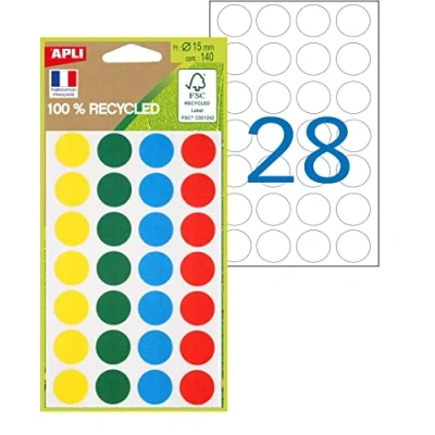 Afbeelding van APLI 101786 100% gerecyclede kleurtabletten 140 tabletten verschillende kleuren: groen, blauw, rood, geel, Ø 15 mm