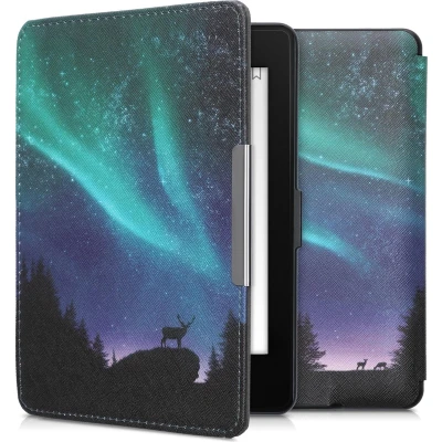 Afbeelding van kwmobile E reader hoesje geschikt voor Amazon Kindle Paperwhite hoes flip case met magnetische sluiting Ereader cover Noorderlicht Hert design in turquoise / blauw zwart