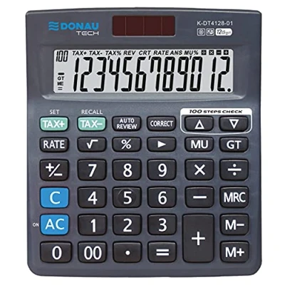 Afbeelding van Tafelrekenmachine DONAU TECH/K DT4128 01 12 cijferige wortelfunctie/140x122x22mm/ Kleur: Zwart/Calculator met weergave/Dual Power Solar batterijwerking/compact ontwerp/ 5 jaar garantie
