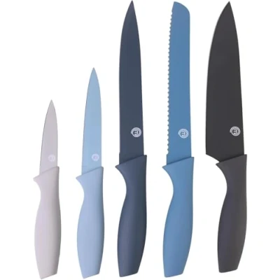 Afbeelding van MasterChef Messenset, Messen Keuken Set (5 delige) met Broodmes, Koksmes, Vleesmes, Schilmesjes &amp; Universeelmes, Roestvrĳ Staal, Antiaanbakbladen, SoftGrip Handgrepen, Scherpe Bladen, Blauw