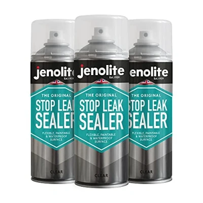 Afbeelding van JENOLITE Stop Leak Afdichtmiddelspray HELDER Waterdichte kit Vult, sluit af en stopt lekken Dakgoten, platte daken, regenpijpen, ramen 3 x 400 ml