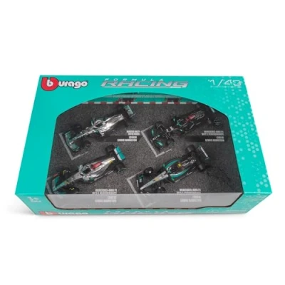 Afbeelding van F1 Mercedes AMG Petronas W12 W13 W14 set 4 modellen auto formule 1 2021 2023 Lewis Hamilton George Russel schaal 1:43 12 cm BBurago 38093