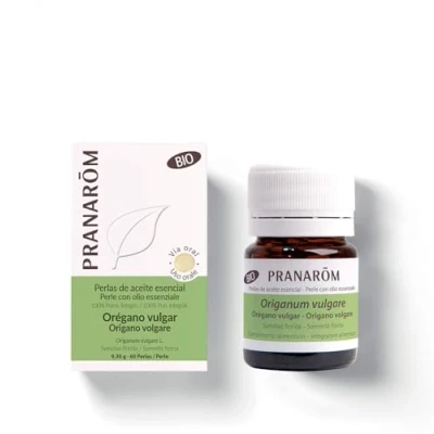 Afbeelding van PRANAROM Parels, etherische oregano olie, 100% natuurlijk en biologisch, mini capsules om in te slikken, ondersteuning van de spijsvertering, praktisch formaat, smaakneutraal, 60 capsules.