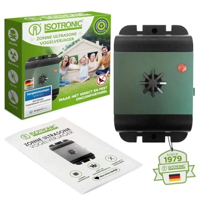 Afbeelding van ISOTRONIC Ultrasone vogelverjager, vogelverschrikker, duivenverjager, werkt afwerend, beschermt tegen duiven, vogels, meeuwen en katten op balkon, dakgoot, raam fruitboom