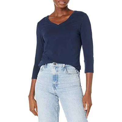 Afbeelding van Amazon Essentials Women&#039;s T shirt met driekwartmouwen en V hals in klassieke pasvorm (verkrijgbaar grote maten), Marineblauw, L