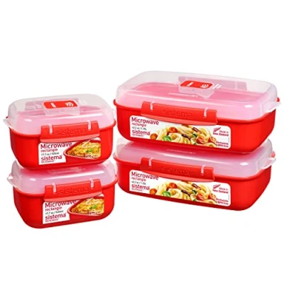 Afbeelding van Sistema Heat and Eat magnetronset, 1,25 l, 525 ml, rechthoekige lunchboxen voor school met stoomopeningen, BPA vrij, 4 stuks