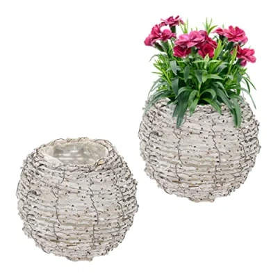 Afbeelding van Relaxdays bloempot set van 2 rotan plantenpot met folie sierpot rond wit