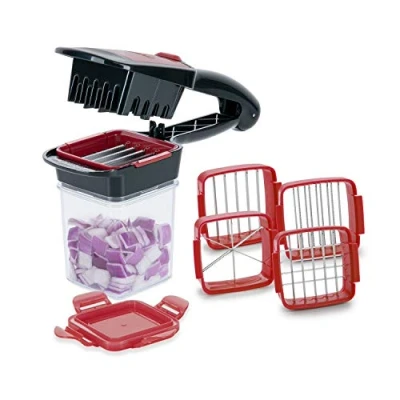 Afbeelding van Genius Nicer Dicer A27165 Quick XXL set, 7 delig, de hakmolen met 3 verwisselbare mesinzetstukken en opvangbak 320 ml in handformaat, 30 dobbelstenen of 10 schijven één klik, roestvrij staal, rood