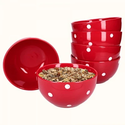 Afbeelding van van Well Emily Set 6 mueslikommen rood wit gestippeld, Ø 145 mm, slaschaal, aardewerk kom