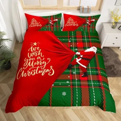 Afbeelding van Rode Kerstman 240 x 220 cm Dekbedovertrek Groen Geruit Print Kerst Quiltovertrek Winter Sneeuwvlok Beddengoed Set Moderne Geometrische voor Kinderen Meisjes Nieuwjaar Vakantie,King