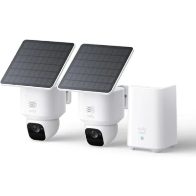 Afbeelding van eufy Security SoloCam E30 2 Cam Kit with HomeBase 2, Outdoorcam set 2K HD resolutie 360 Pan &amp; 70 Tilt AI Auto Lock en Tracking Zonne energie met SolarPlus™ Technologie Geen Abonnementskosten Draadloze Beveiligingscamera