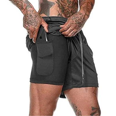 Afbeelding van Shorts heren 2 in 1 trainingsshorts zomer korte broek sneldrogende hardloopshort sportbroek met zakken compressieshort (L)