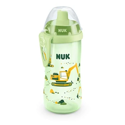 Afbeelding van NUK Flexi Cup Drinkfles met rietje, 300 ml, lek en onbreekbaar, BPA vrij, 12+ maanden, graafmachine (groen)