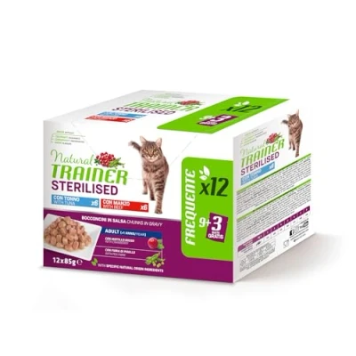 Afbeelding van Trainer Natvoer voor volwassen katten, gesteriliseerd, multipack tonijn en rundvlees, 12 x 85 g