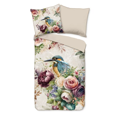 Afbeelding van Luxe Satijnen Dekbedovertrek 155x220 cm Bloemen en Vogels Print Zand 1 Persoons 100% Katoen Satijn