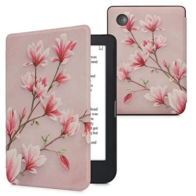 Afbeelding van kwmobile E reader hoesje geschikt voor Kobo Clara 2E hoes flip case met magnetische sluiting Ereader cover Magnolia design in poederroze / wit oudroze