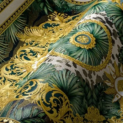Afbeelding van &quot;JUNGLE&quot; SATIJN GLANZEND MEDUSA HOOFD BEHANG Design groen goud wit A.S. Création Versace 5