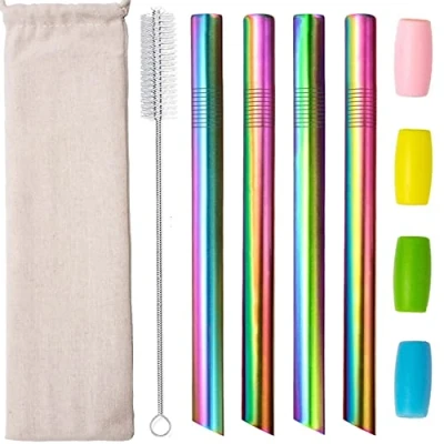 Afbeelding van Smoothie Boba Rietjes Dikke Herbruikbare Metalen Hoekige Tips Vet Brede Milkshake Jumbo Bubble Thee Roestvrij Staal Stro Met Reistas Draagtas Siliconen Cleaner Borstel 12mm 0,5&quot; 4 Pack