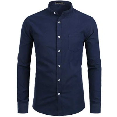 Afbeelding van PARKLEES Heren Hipster Design Opa Kraag Oxford Shirt Slim Fit Lange Mouw Casual Button Down Jurk Shirts met Pocket, Pz112 marine, S