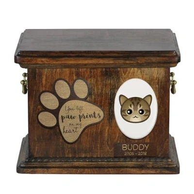 Afbeelding van Art Dog Custom Cat Memorial Urn Handgemaakte houten kist met keramische plaat Gepersonaliseerde kattencrematiedoos 8,3x11,4x8,7 Laperm