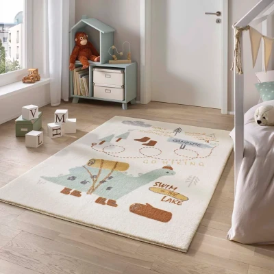 Afbeelding van Zacht Vloerkleed Kinderkamer Dino Camping Crème/multi 160x230 Cm