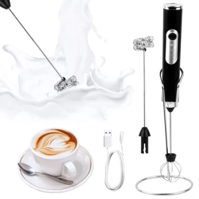 Afbeelding van Melkopschuimer, elektrisch, roestvrij staal, elektrische garde, USB oplaadbaar, geschikt met standaard voor koffie, cappuccino, warme chocolademelk, chocolademelk