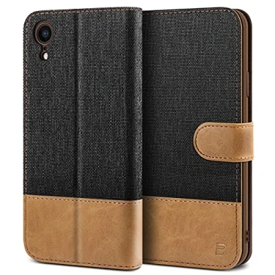 Afbeelding van BEZ iPhone XR Hoesje, Hoesje Book Case Leer Wallet, Flip Wallet [Canvas Kunstleer] met Creditcardhouders, Standaard, Magnetische Sluiting, Zwart