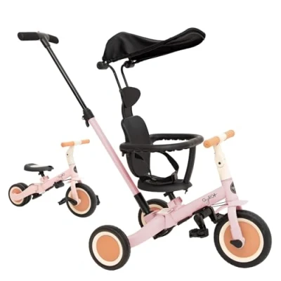 Afbeelding van Olmitos Gyro 5 in 1 meegroeiende babydriewieler kinderfiets van tot jaar driewieler fiets, met of zonder pedalen aanpasbaar en transformeerbaar (Gyro +, Rosa)