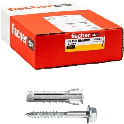 Afbeelding van Fischer 100 x pluggen SX Plus BM met zeskantschroef 10 50 mm voor volledige muur, gatenbaksteen, metselwerk, beton, het bevestigen van kroonluchters, meubels, wandkasten, planken, 567625